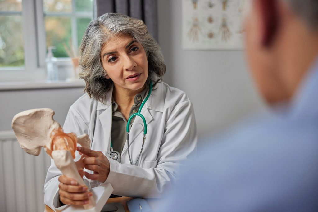 A doctor talking to a patient while holding the model of a hip joint.